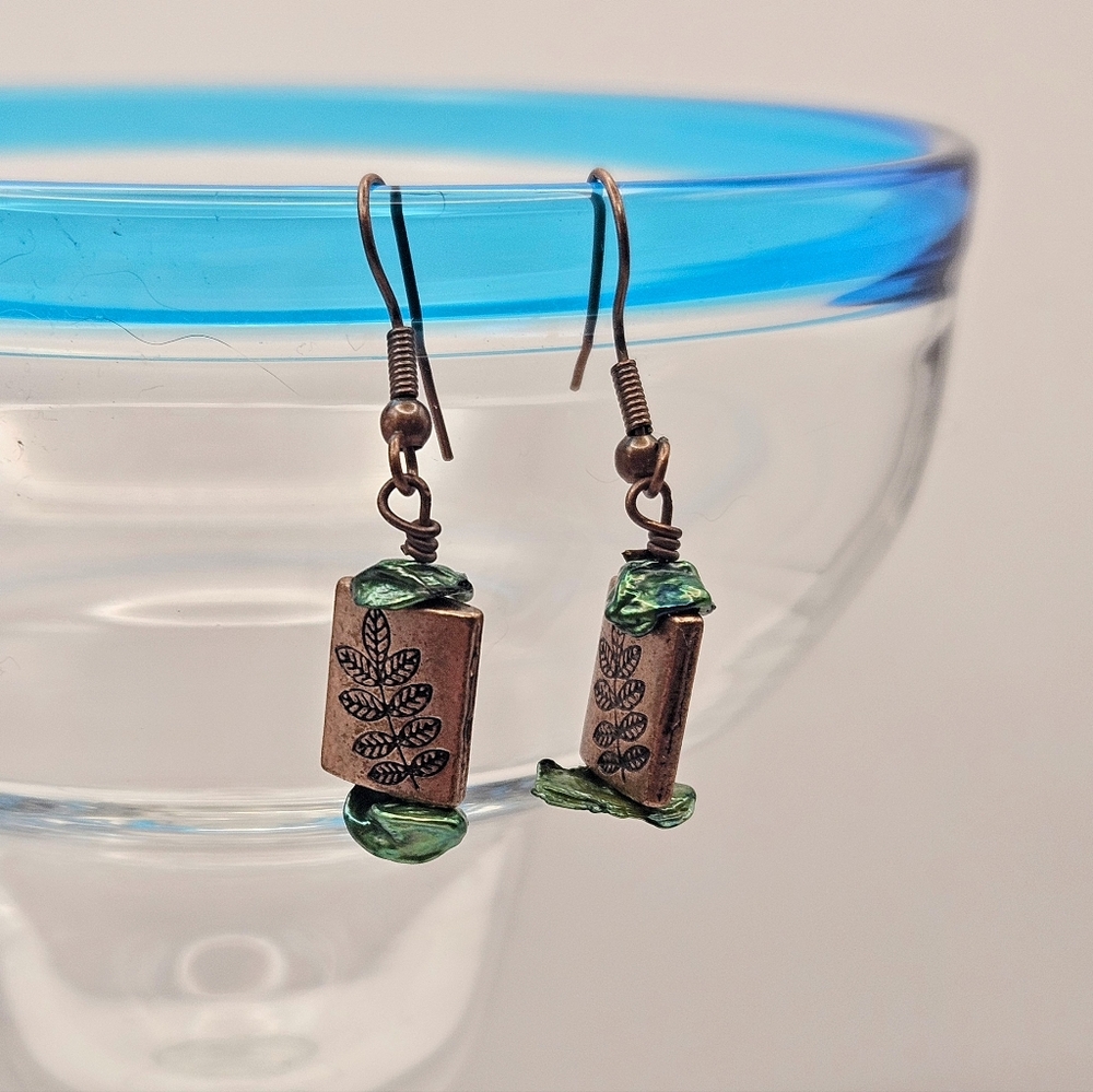 Copper & Green Leaf Freshwater Pearl Fishhook Earrings